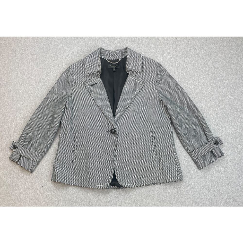 Talbots Blazer Women 10 Black White Speckled 100% Cotton One-Button Lined Jacket